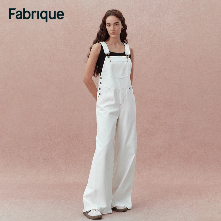 Fabrique 【华晨宇同款】牛乳白纯棉V字露背休闲经典时尚牛仔背带裤