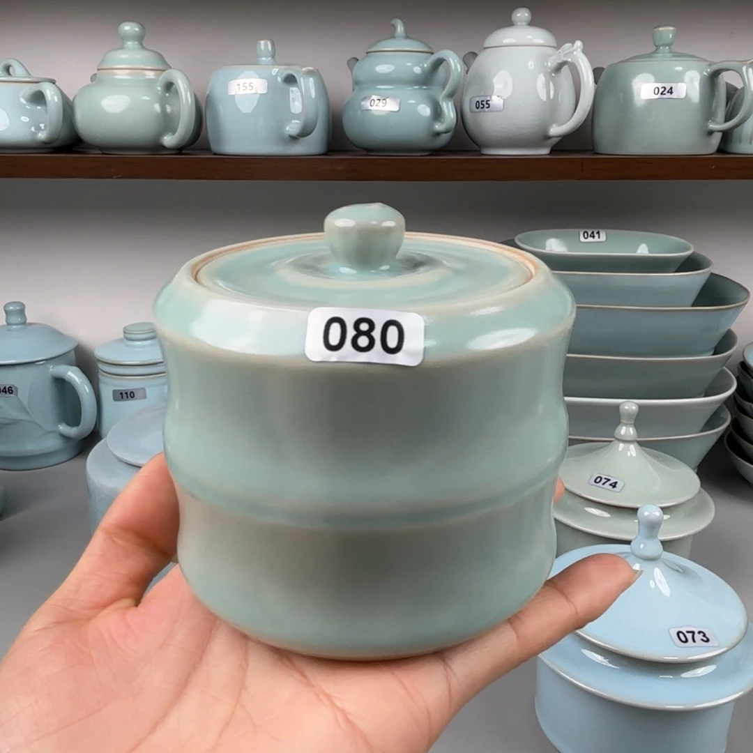 陶摆件汝瓷竹节茶叶罐支钉烧仿古釉080