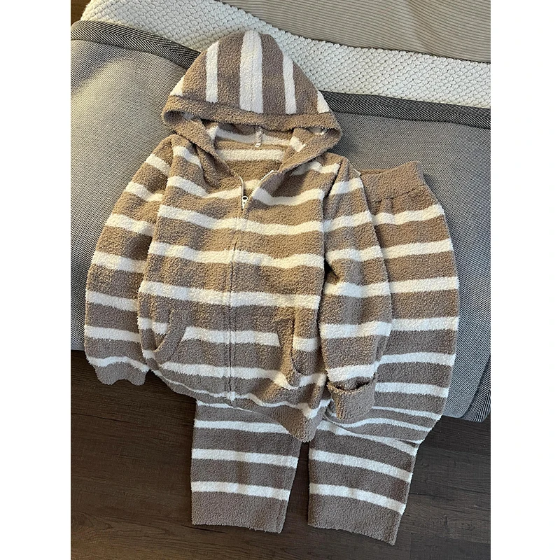 复古甜美慵懒风条纹半边绒睡衣女秋冬高级感加厚可外穿家居服套装