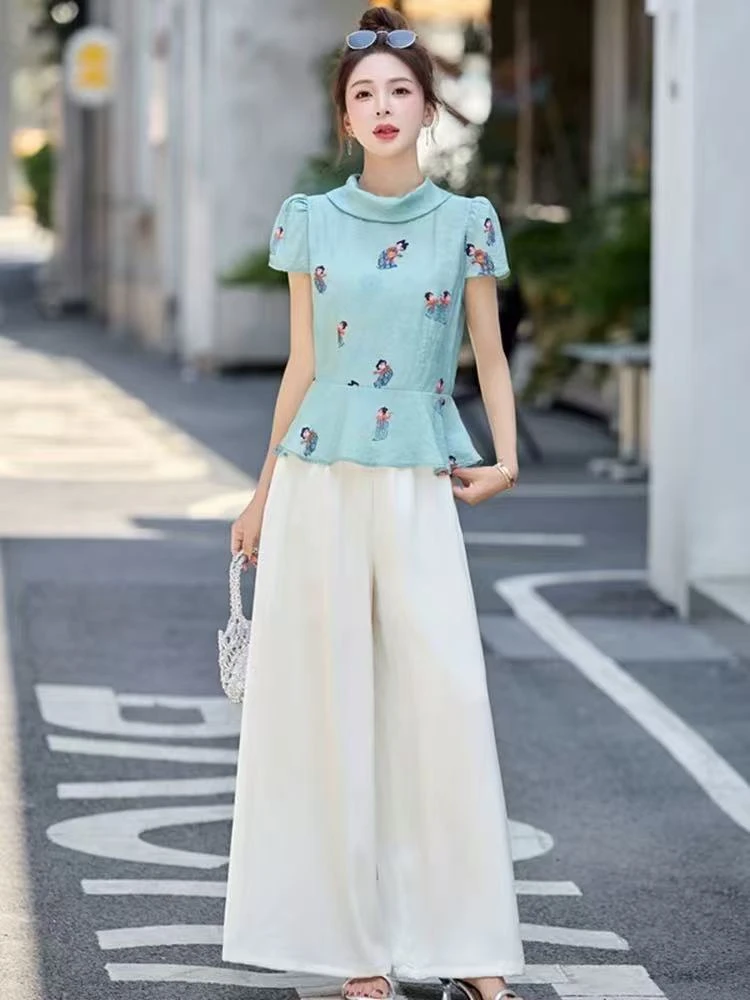 【慕妍专属】5103（衣长52裤长95）新中式复古国风衬衫+阔腿裤两件套
