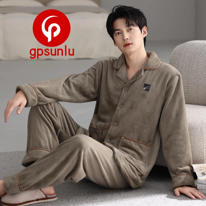 【高端小众】珊瑚绒冬款男士睡衣保暖加绒法兰绒双面绒秋冬加厚翻领