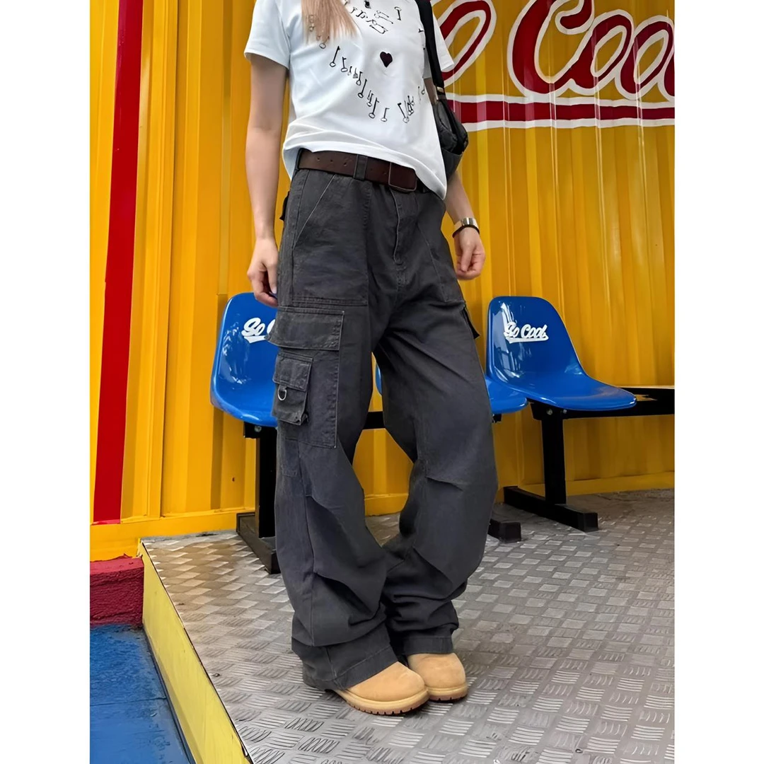 美式复古hiphop水洗宽松直筒休闲裤男女潮牌高街褶皱工装阔腿裤