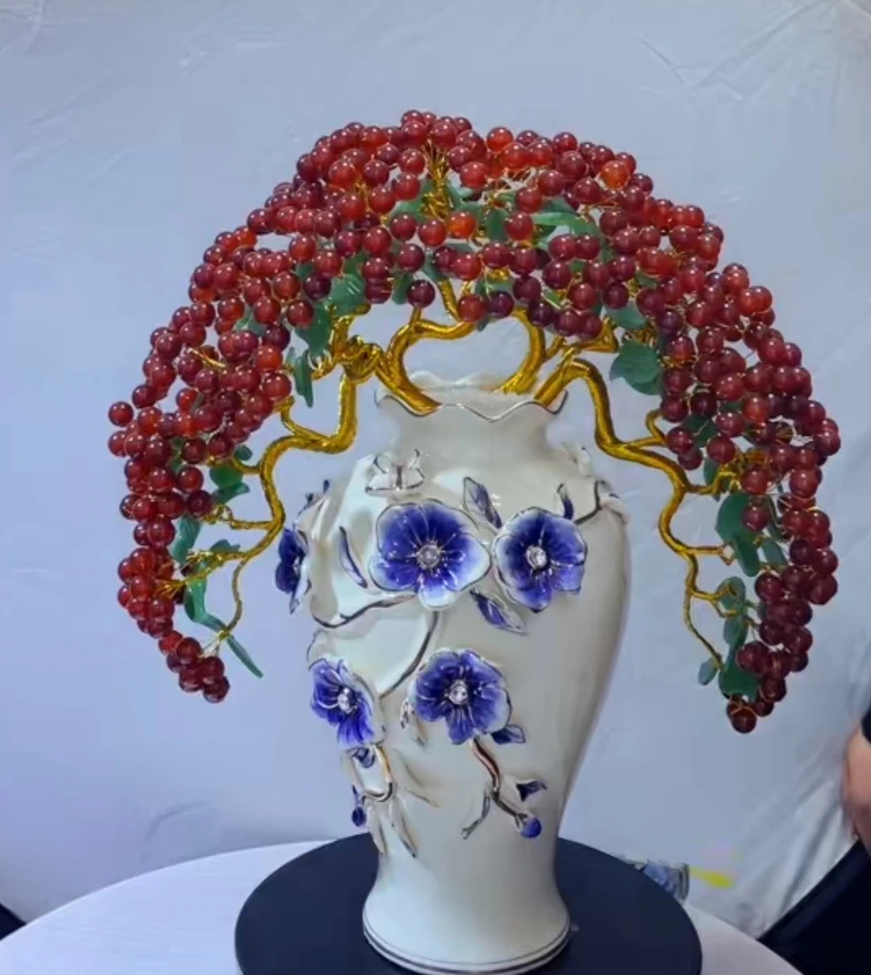 【卓越轻奢原创】鸿运当头蝴蝶兰天然红玛瑙树陶瓷摆件