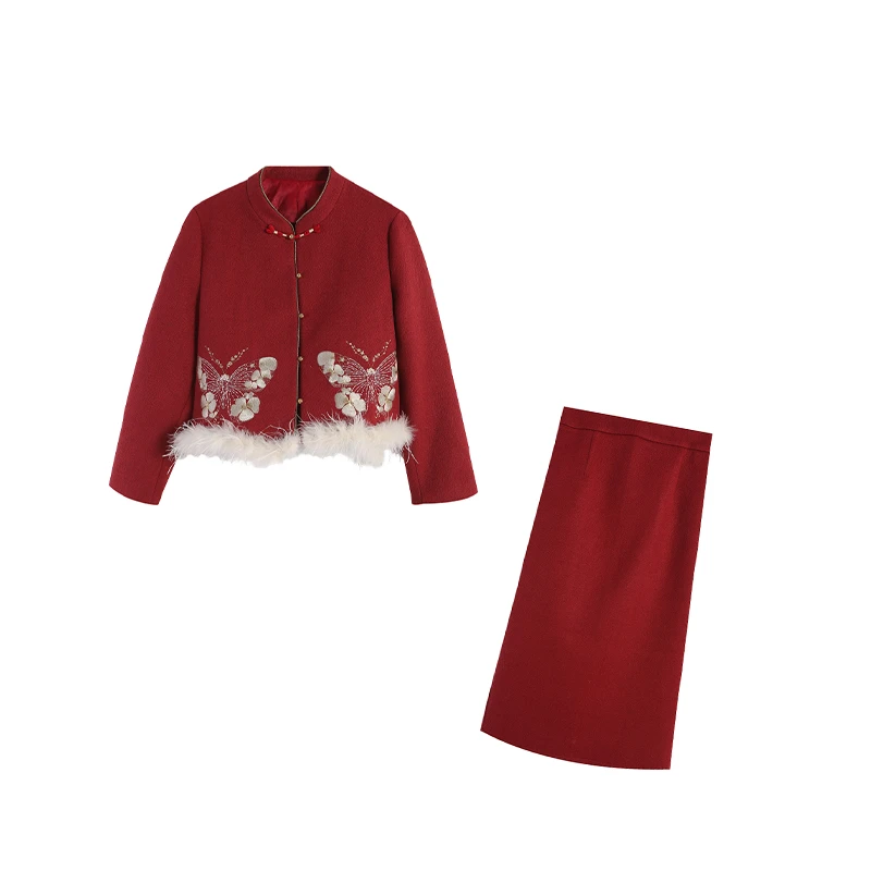 五季家/【赤霞珠红】新中式重工刺绣显瘦显气质红色套装ZL113872