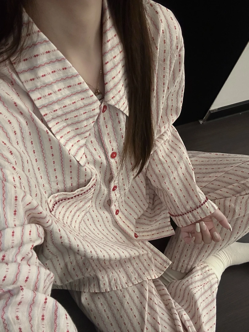 韩版ins风少女甜美设计感条纹慵懒风睡衣女春秋长袖长裤家居服