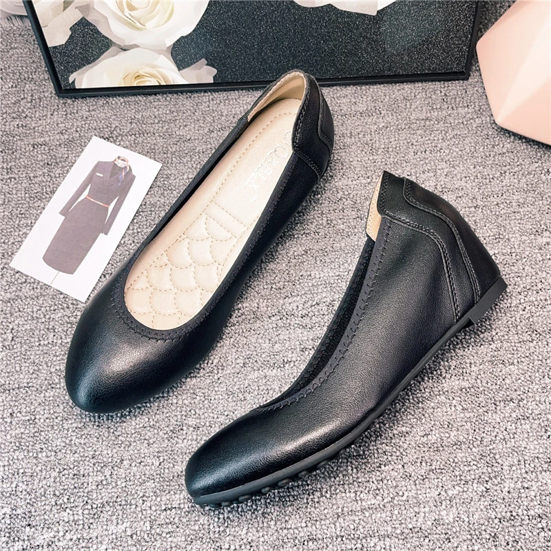 坡跟内增高2025新款春黑色职业工装上班酒店平底浅口皮鞋工作鞋女