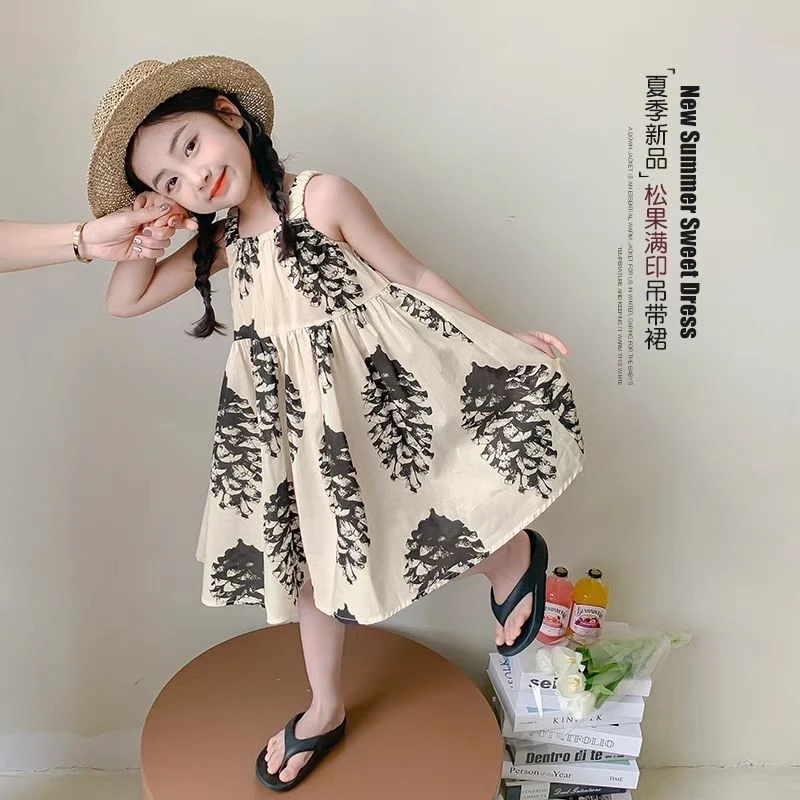 女童连衣裙夏季夏装新款儿童复古印花无袖高端背心吊带公主风裙