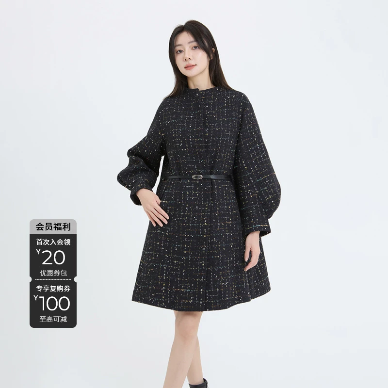 S·DEER时尚职场气质系带收腰春秋季通勤女装毛呢中长款外套大衣