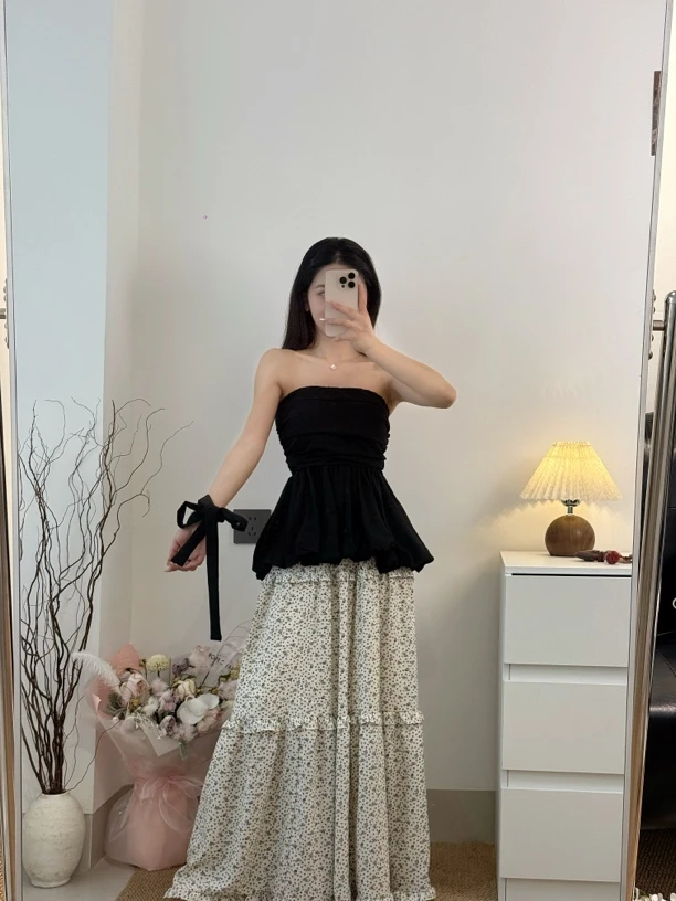 抹胸春夏打揽工艺褶皱设计感辣妹风花苞下摆吊带多巴胺少女感