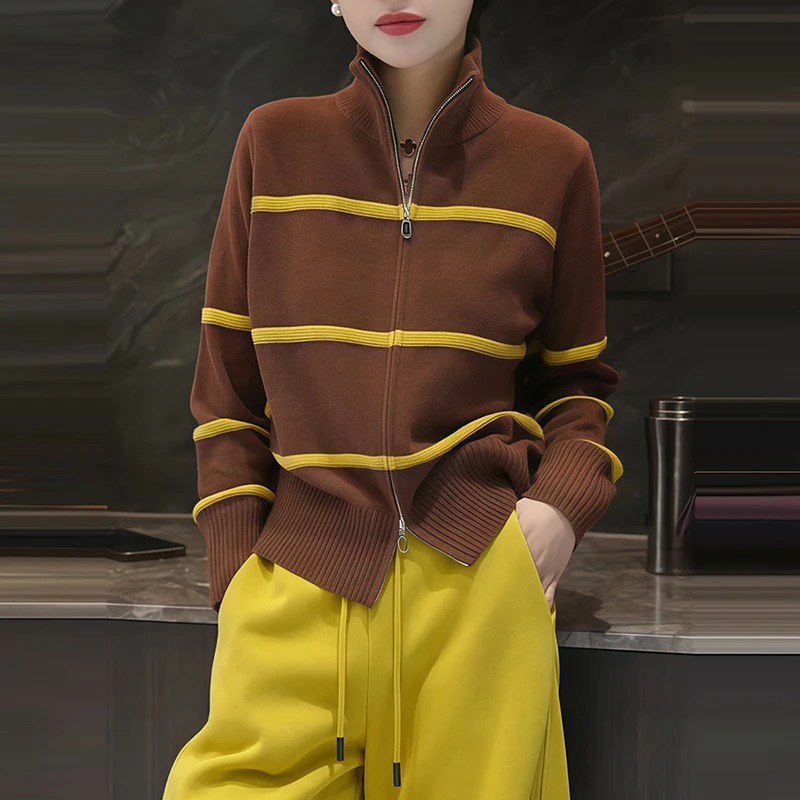 咖色立领长袖针织衫2026春季条纹加厚通勤百搭时尚显瘦开衫毛衣
