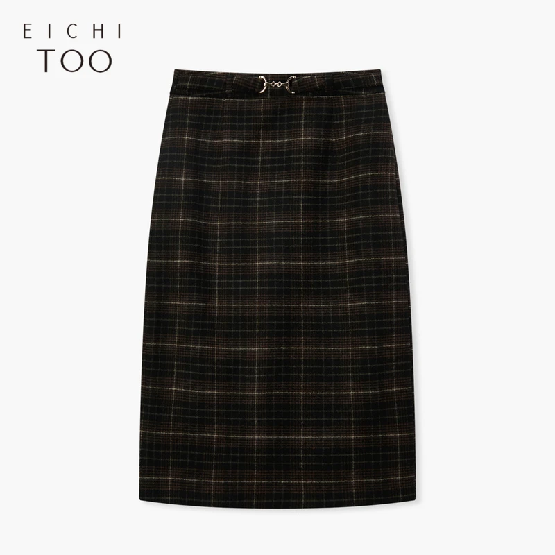 爱居兔秋季新款时尚格纹直筒裙含羊毛单裙EQDDJ3P015A