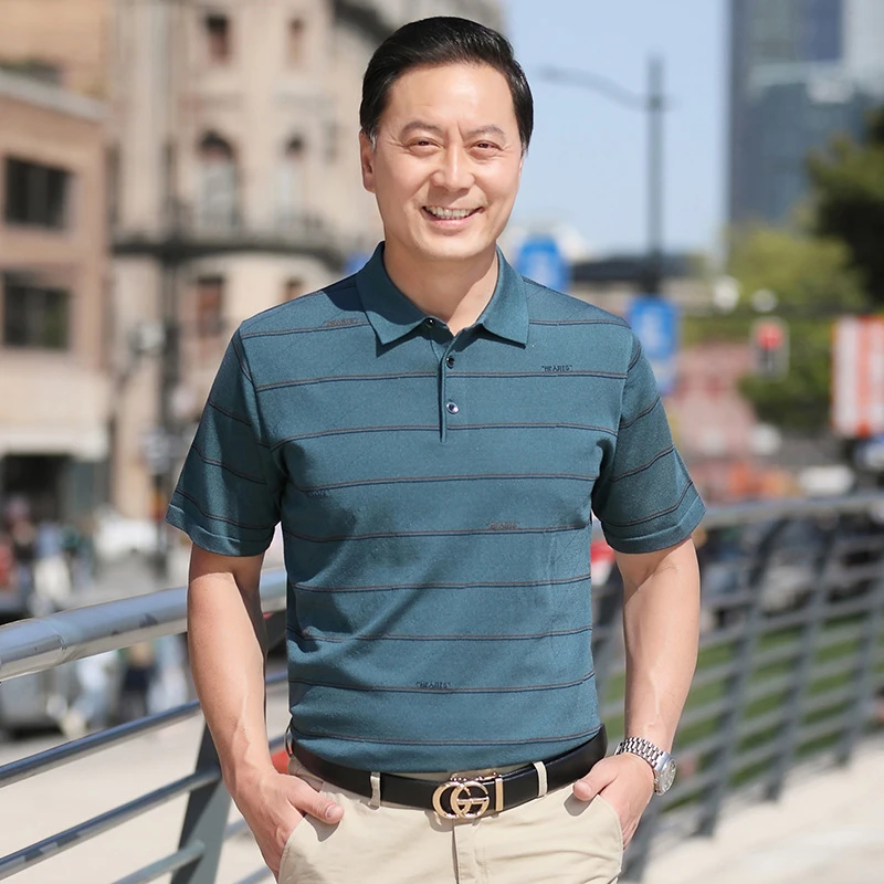 爸爸夏装中年男装短袖t恤冰丝POLO衫夏季中年人男士上衣爷爷半袖