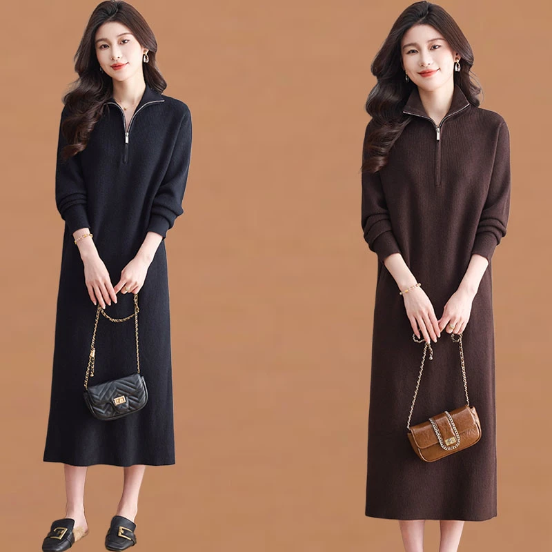 翻领针织连衣裙女秋冬2025新款气质半拉链宽松毛衣裙内搭打底长裙