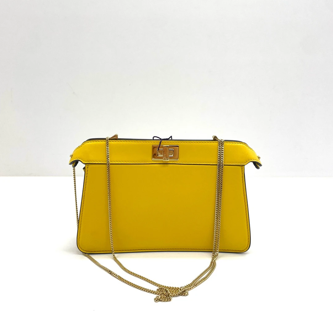95新 FENDI/芬迪 98新 peekaboo lSeeU 系列黄色链条包
