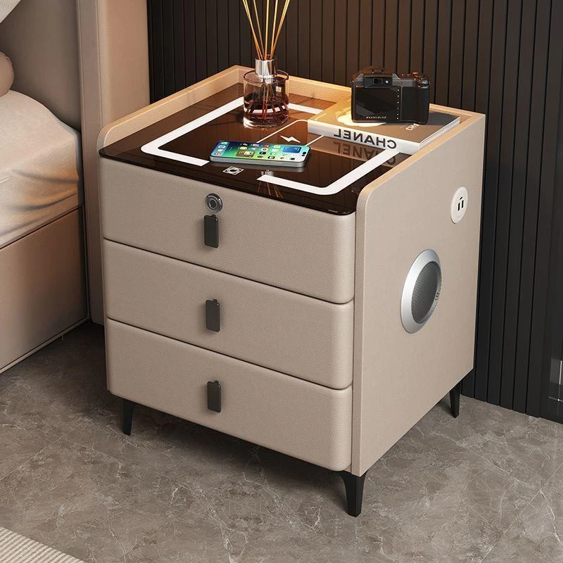 智能多功能床头柜实木无线充电家用轻奢床边柜现代简约卧室指纹锁