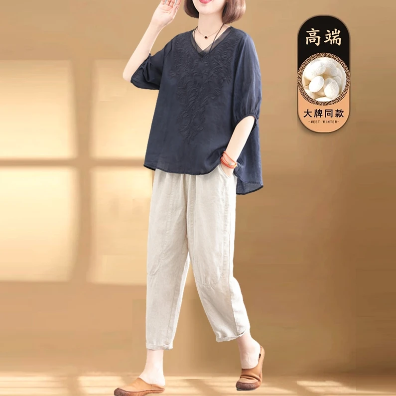 2025夏季新款复古洋气韩版宽松大码绣花v领两件套棉麻时尚套装女