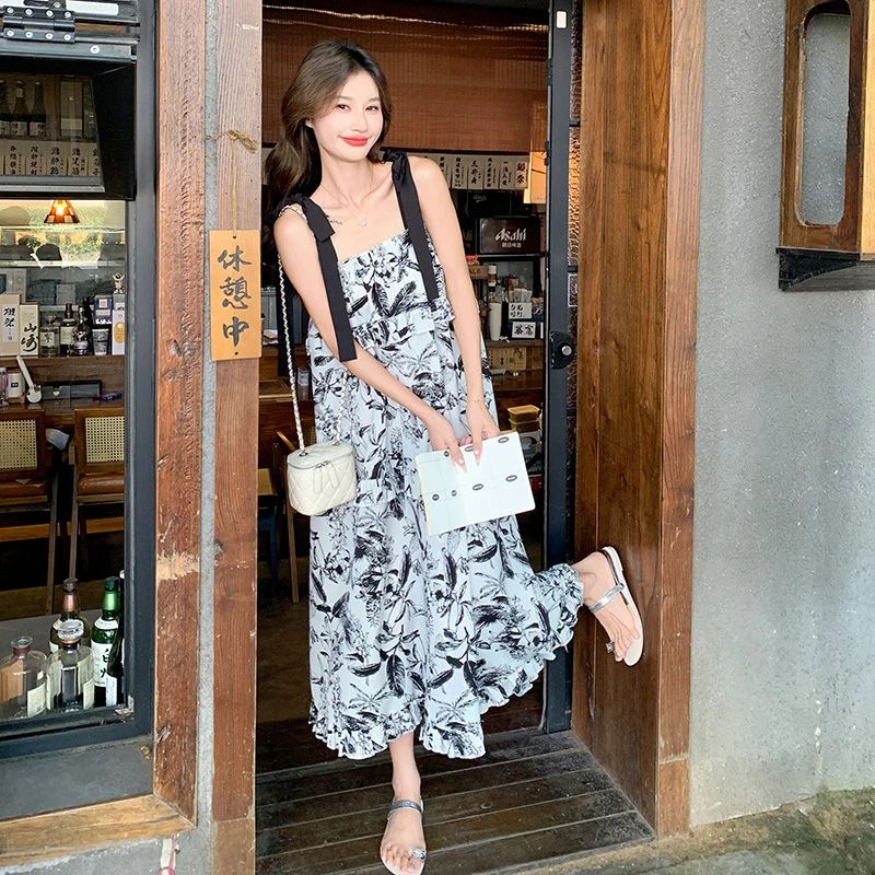 复古碎花长款芭蕉叶连衣裙宽松收腰夏季气质法式设计感裙子印花