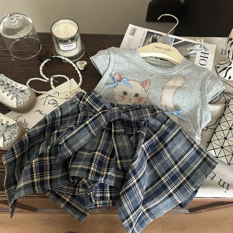 韩版童装2025新款夏季女童卡通猫咪短袖T恤格子不规则裙裤两件套