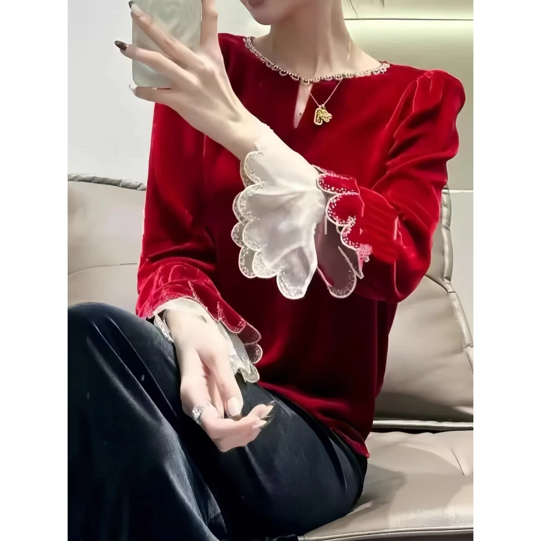 KIKI严选：50201-YUNSHI家欧洲站南油秋冬丝绒洋气喇叭袖上衣衬衫