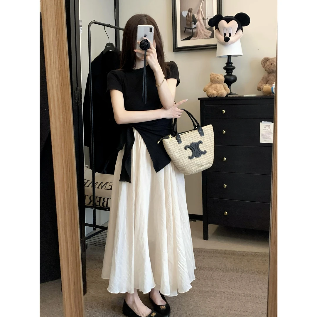 不规则开叉短袖t恤女2025春夏新款修身显瘦时尚纯欲风打底上衣女