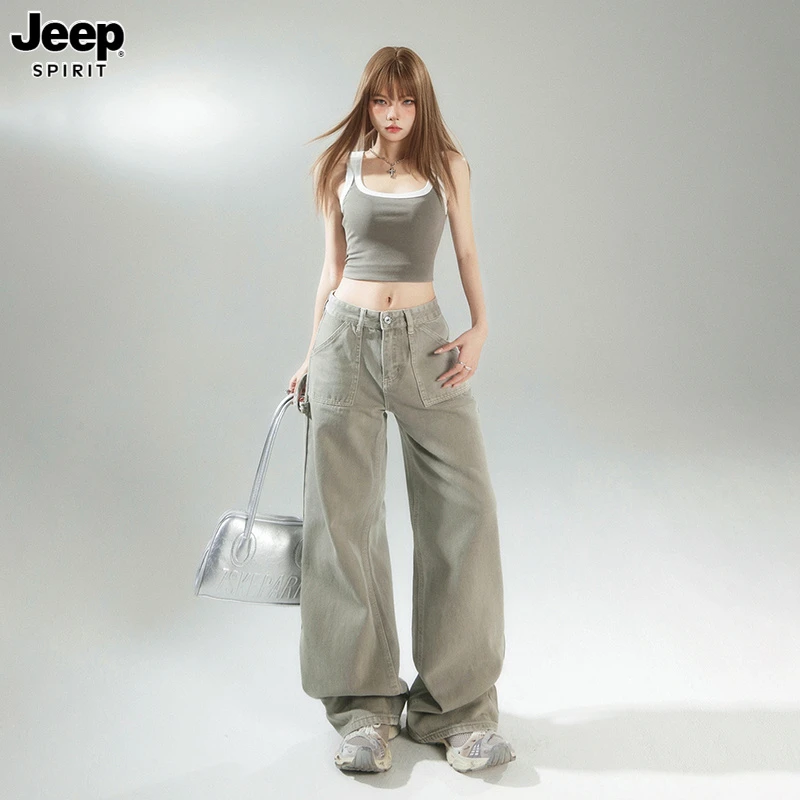 Jeep吉普美式复古阔腿牛仔裤女新款高腰宽松百搭显瘦垂感拖地裤子