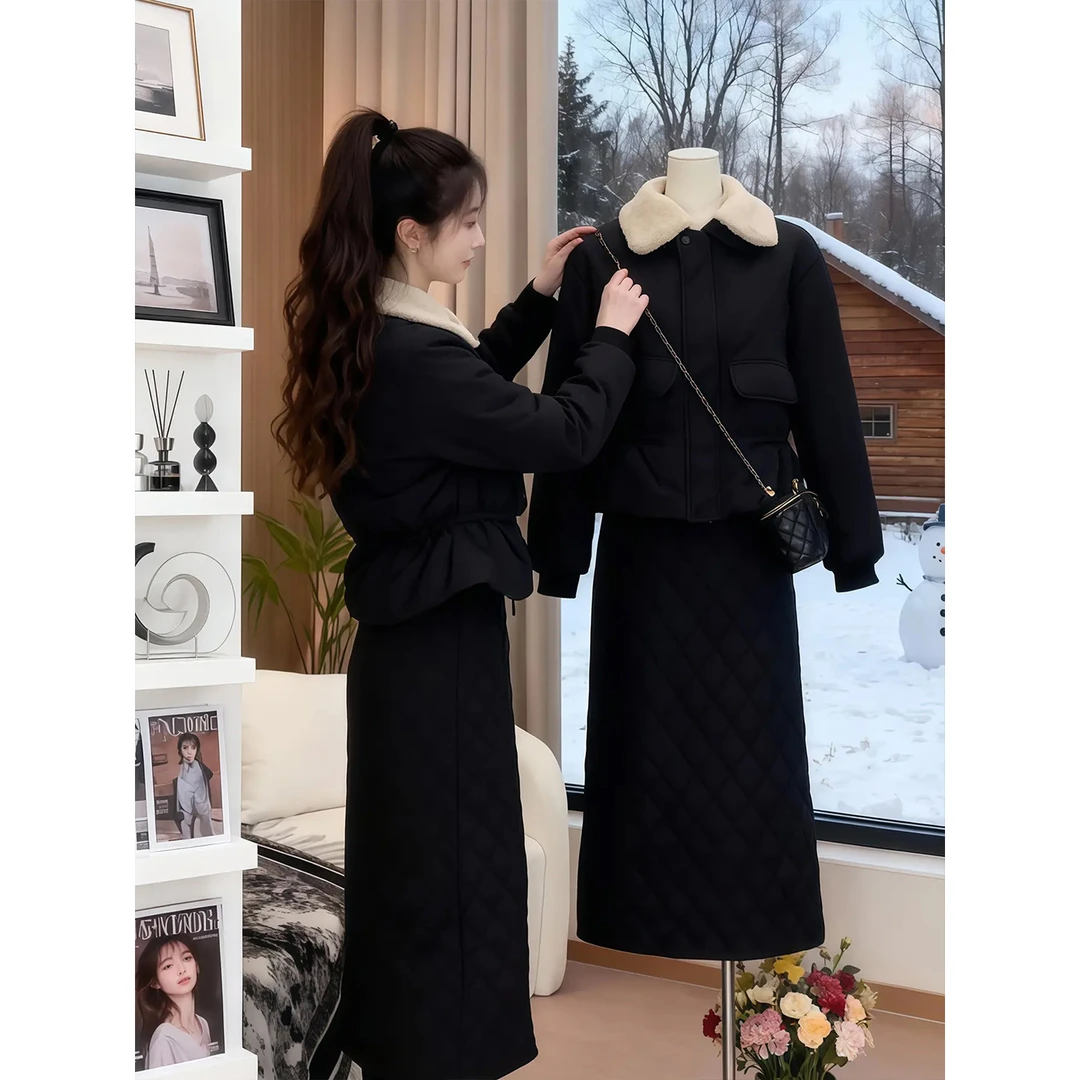 小香风棉服套装女2025冬季新款洋气显瘦外套半身裙加厚保暖两件套