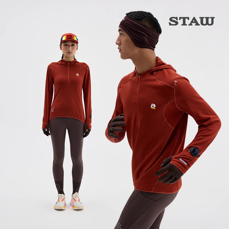 STAW世拓0度2.0加绒连帽跑步长袖T抗菌保暖运动跑步马拉松速干衣