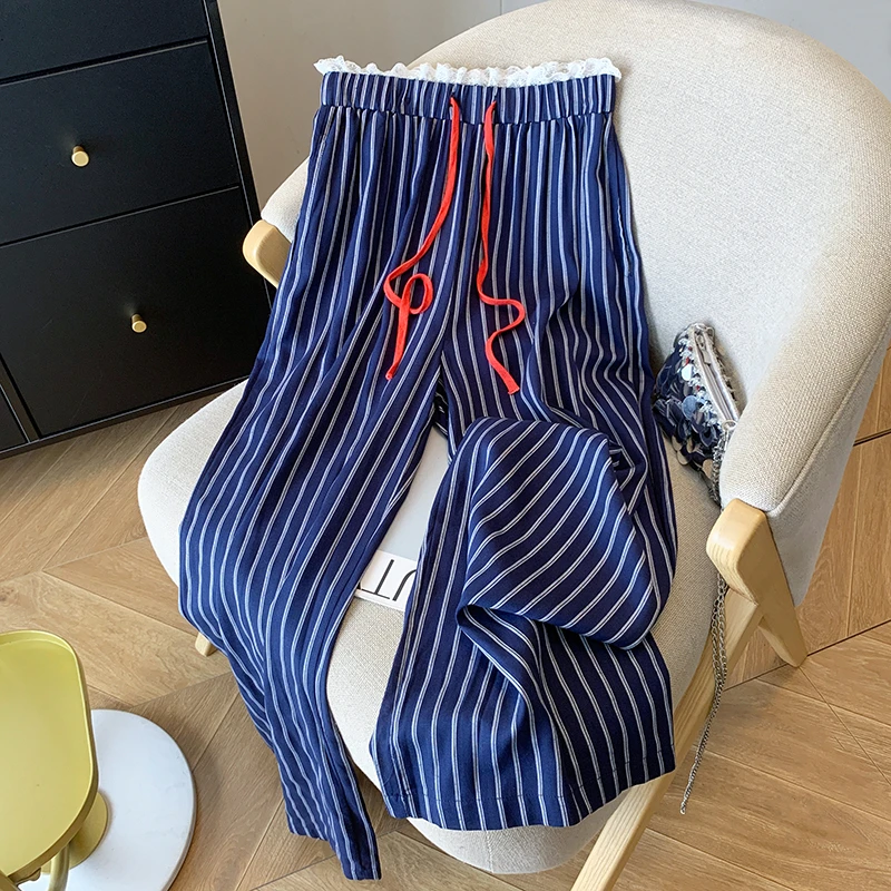 时尚洋气条纹阔腿裤女夏季慵懒风蕾丝高腰抽绳休闲直筒显瘦长裤子