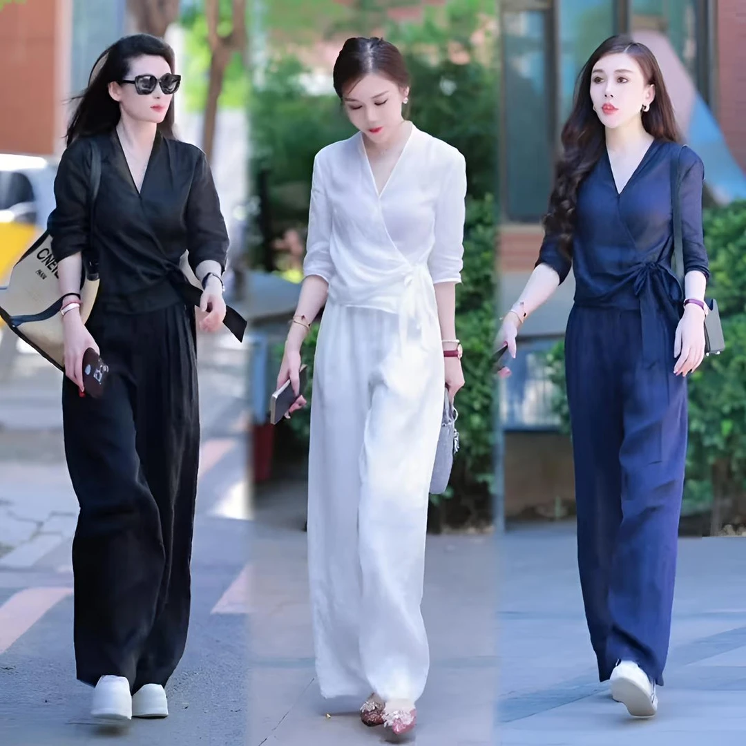 夏季时尚大V领两件套休闲舒适套装洋气女神气质宽松透气套装