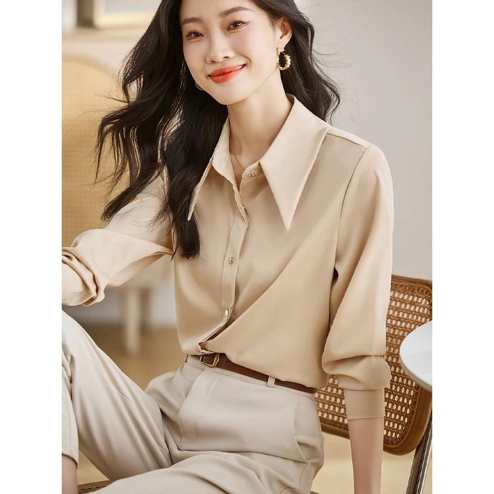 早秋长袖衬衫女2025秋季新款气质职业简约纯色衬衣洋气高级感上衣