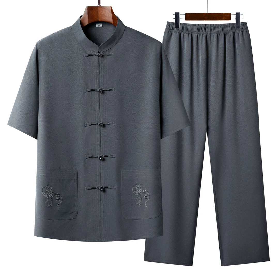 爸爸装短袖纯色夏季刺绣薄款唐装常用大码半袖老年人男装中式服装