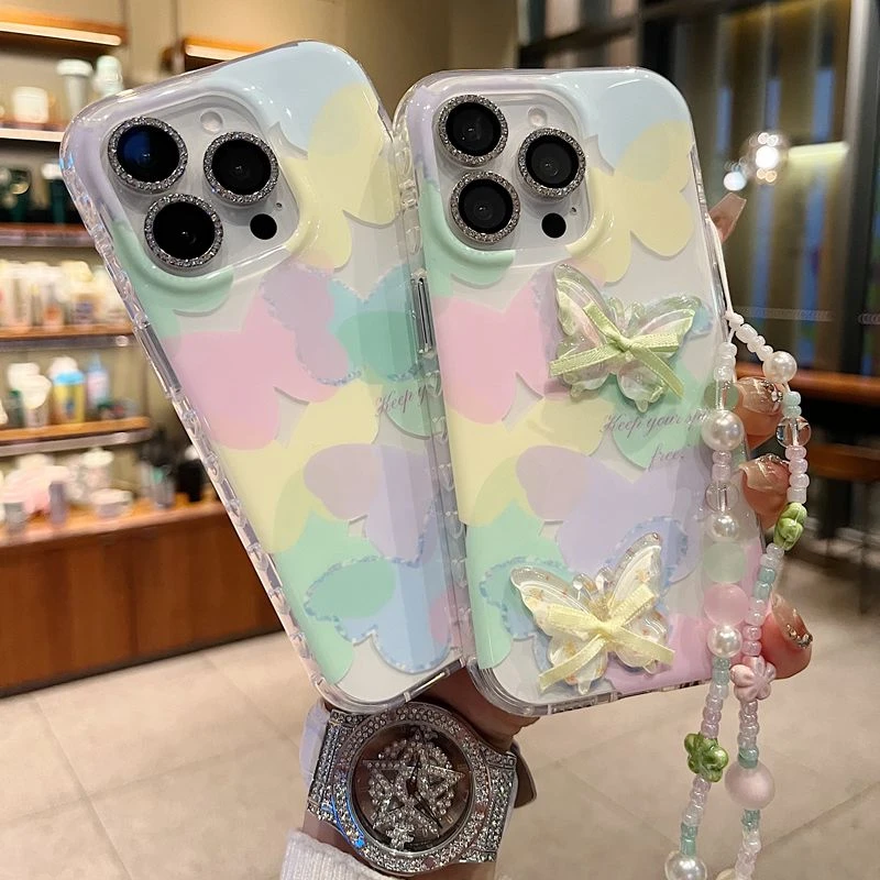 适用苹果系列iPhone16新款手机壳时尚感彩色立体蝴蝶全包防摔大孔
