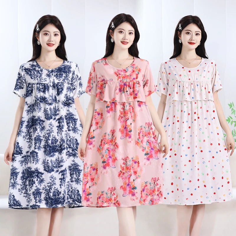 防凸点夏季棉绸睡裙女款2025新款大码宽松绵绸睡衣女士家居服裙子