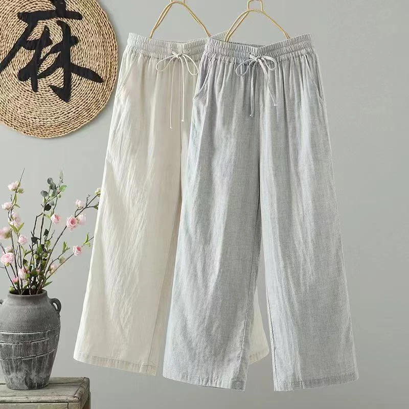 2025新款休闲百搭松紧腰抽绳宽松休闲裤女文艺窄腿板直筒裤