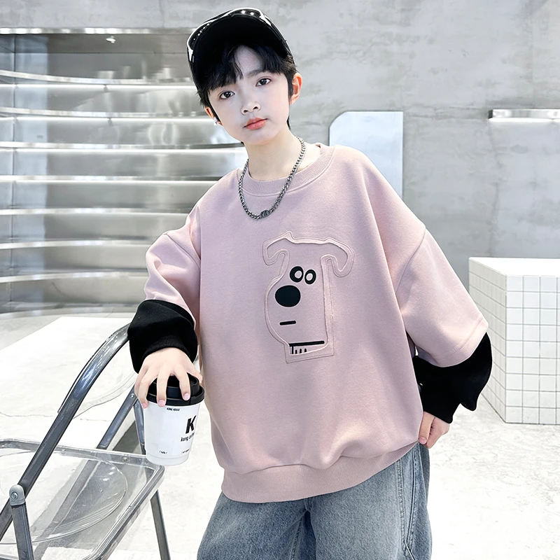 男童春装T恤儿童韩版假两件长袖中大童春秋打底衫街头风痞帅上衣t