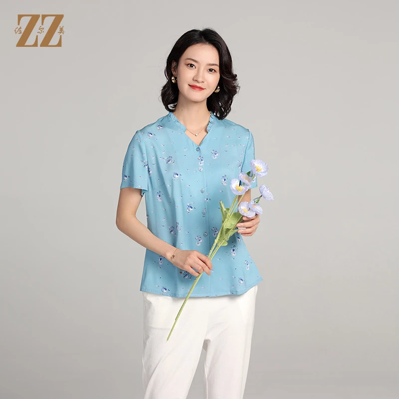 佐尔美夏季新款桑蚕丝真丝气质短袖小碎花衬衣衬衫女E22CS66