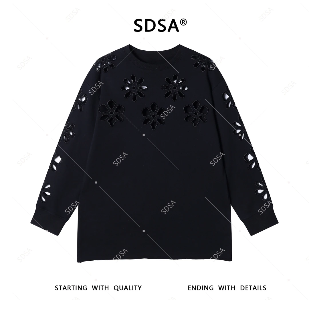 SDSA男士秋冬新款轻奢痞帅男装纯色镂空花朵圆领套头卫衣显瘦百搭