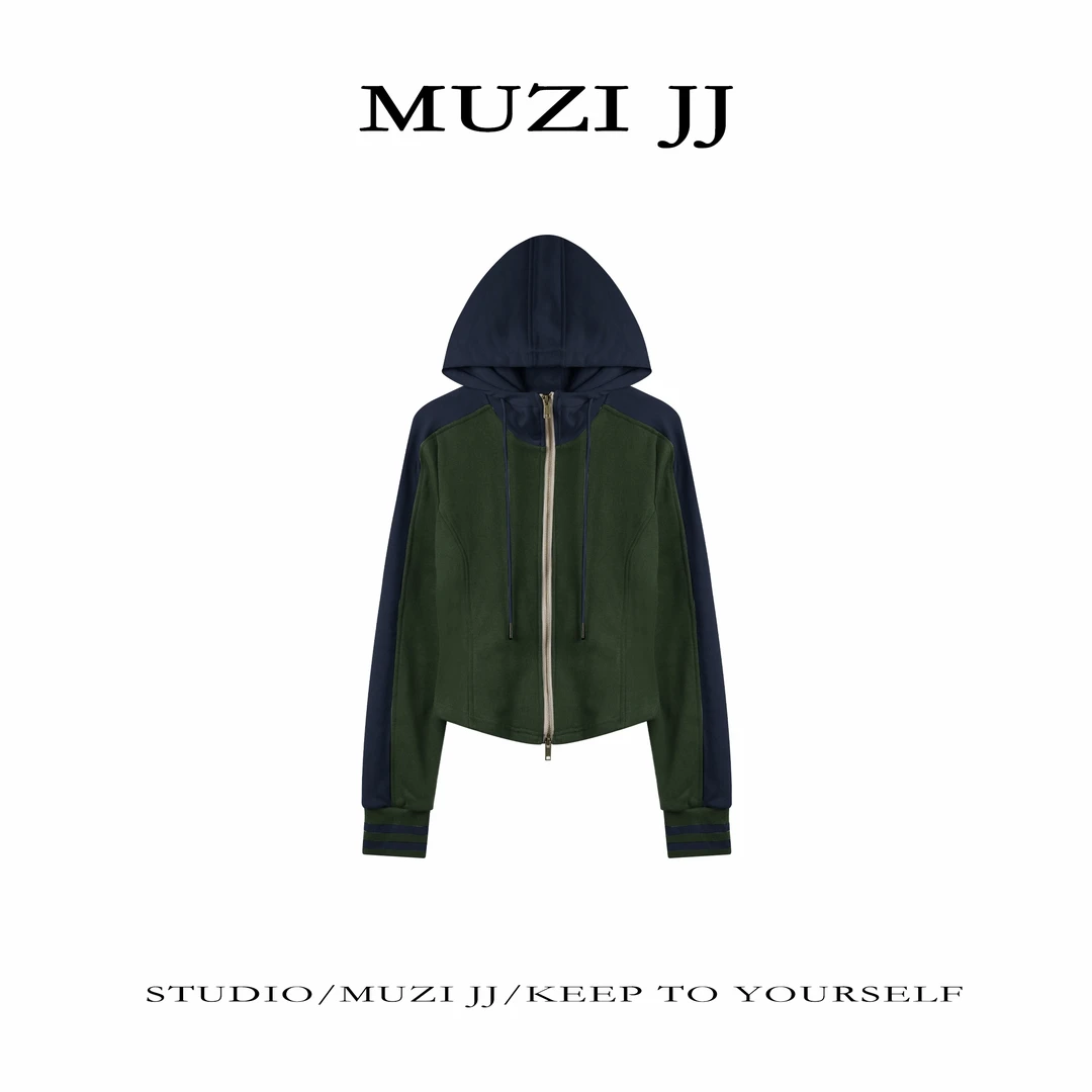 MUZI-7917#复古休闲时尚百搭撞色双拉链连帽外套