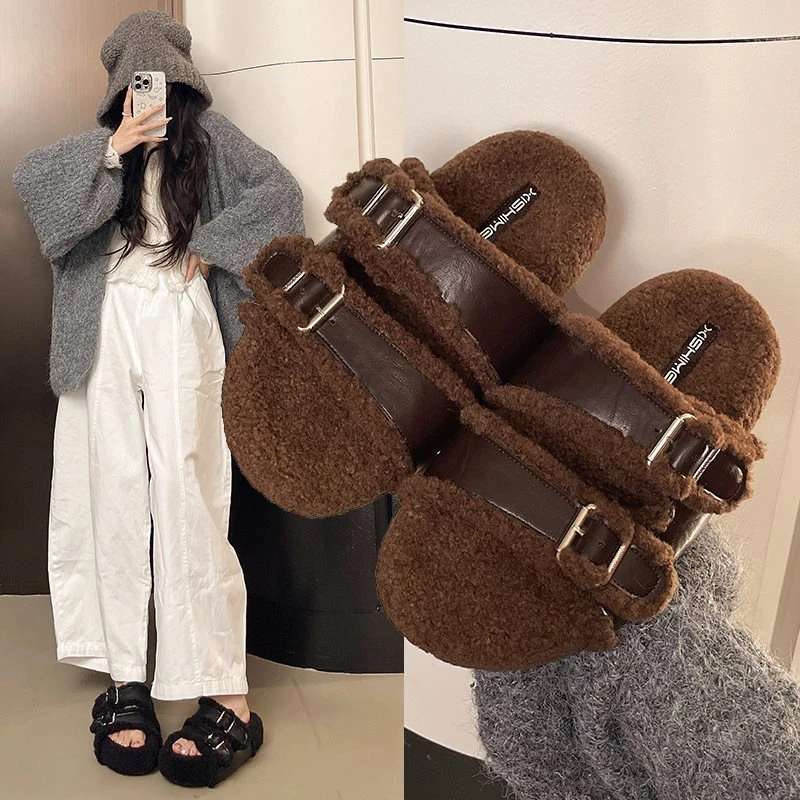 跟高4.5cm棉拖百搭2025年厚底毛毛新款日式勃肯拖鞋女外穿毛呢