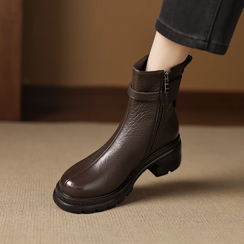 羊皮/跟高6cm/2025新款冬季真皮高跟短靴女软面单靴厚底舒适踝靴