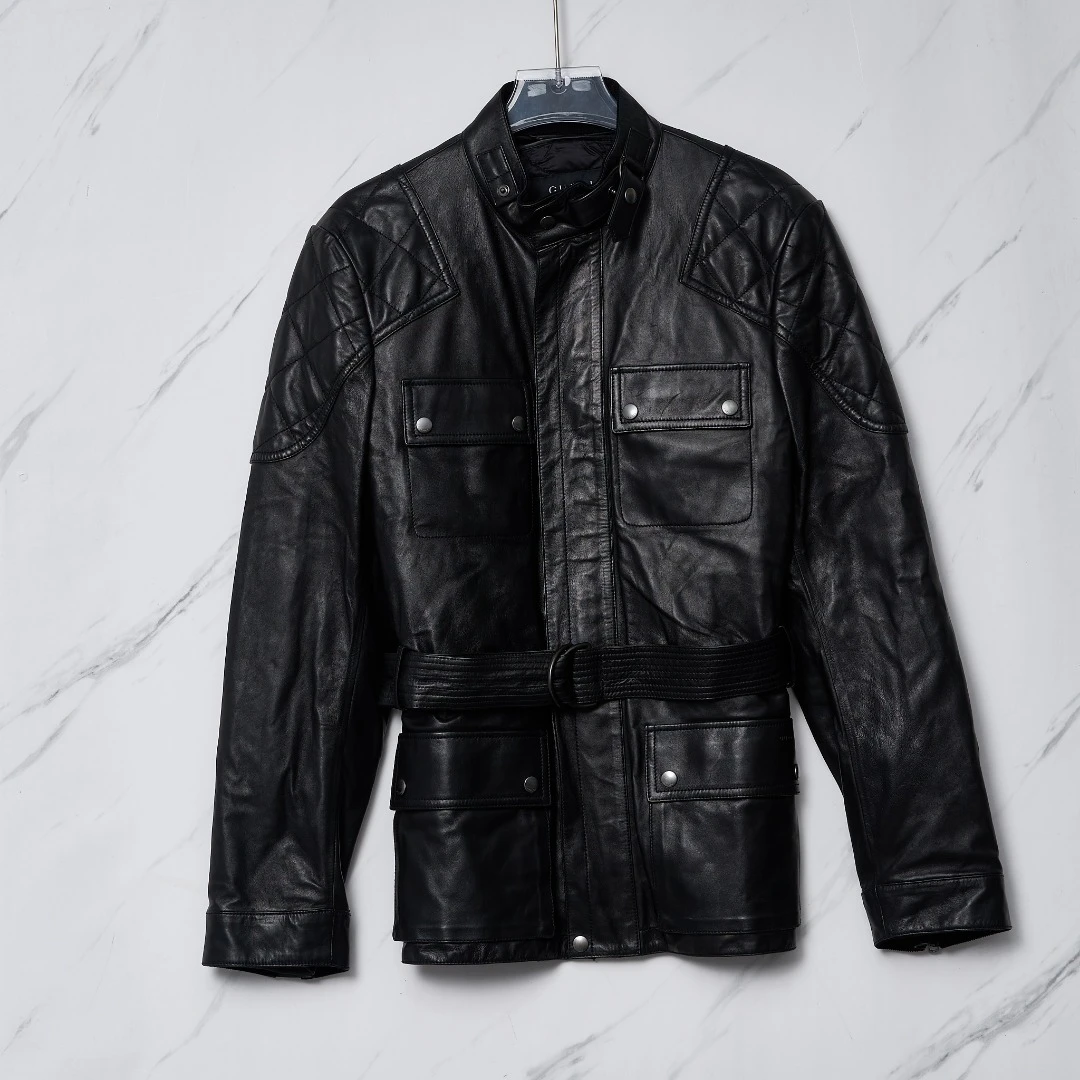 全新未使用 GUCCI/古驰 Gucci男士皮衣羽绒外套黑色时尚潮流