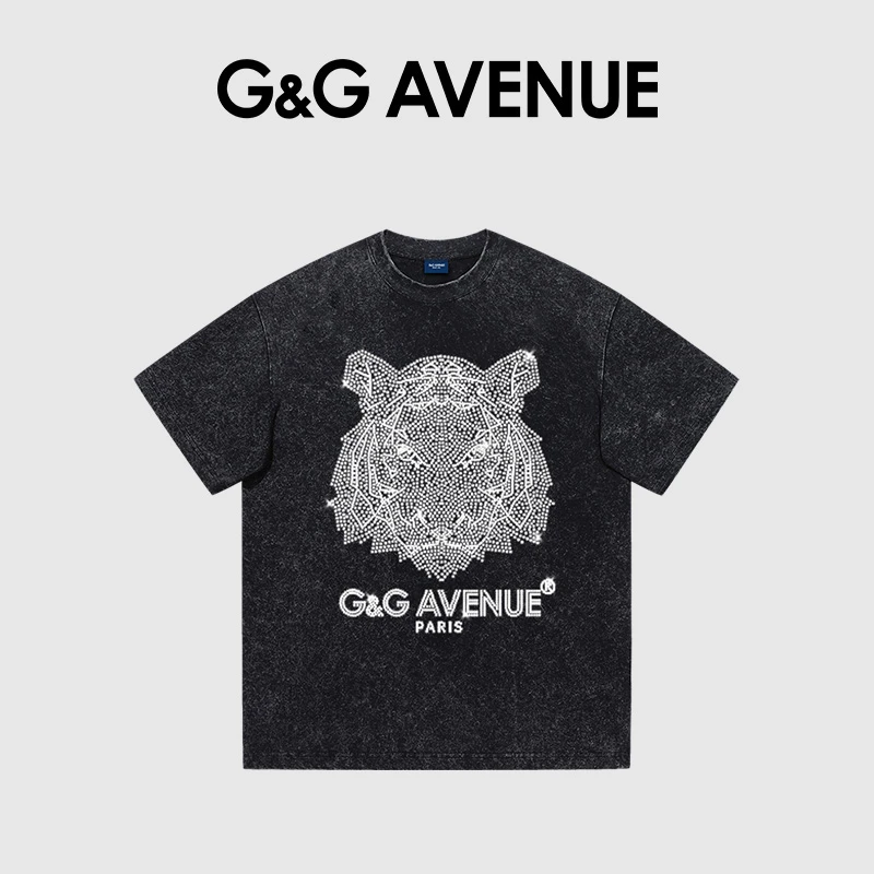 法国G&G AVENUE轻奢纯棉短袖男夏季烫钻水洗圆领短袖T恤男女同款