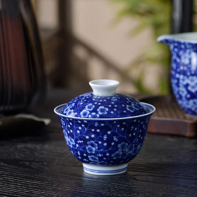 景德镇七丞堂手工制作釉下彩青花瓷冰梅二才元宝盖碗（不带壶承）