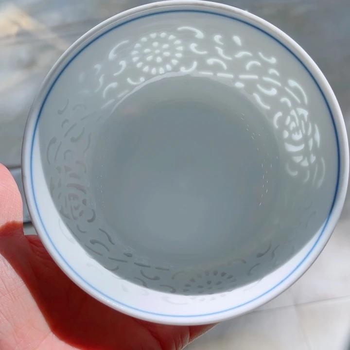青花玲珑5寸饭碗满雕双福双线