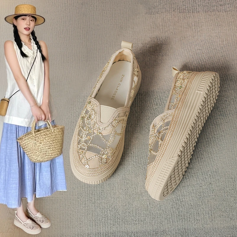 ZHR则则一脚蹬妈妈鞋女2025夏季新款厚底通勤网面透气蕾丝渔夫鞋
