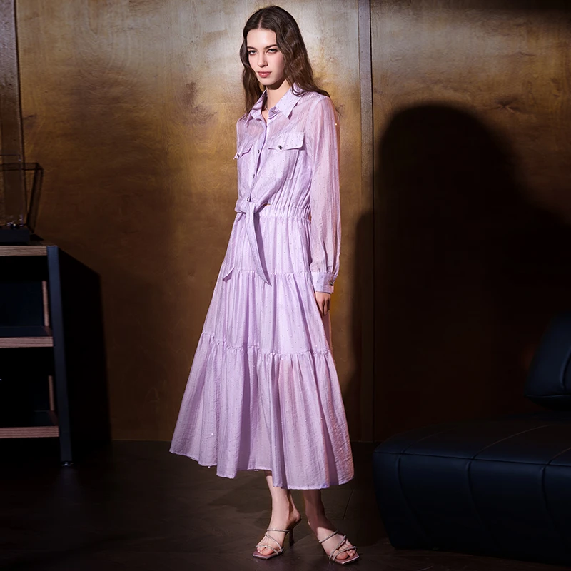 【粉丝专属】AUI紫色设计感长袖连衣裙春季新款通勤YT-25W019169