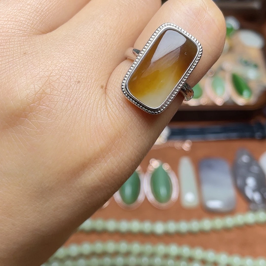 和田玉（糖玉）银S925镶嵌吊坠(不含链)戒指