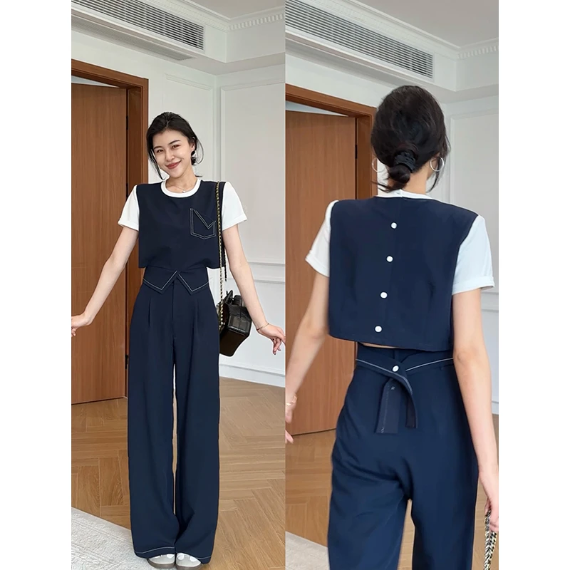 张阿星睿智老钱立体版型明线假两件T恤+直筒裤 W425A06994