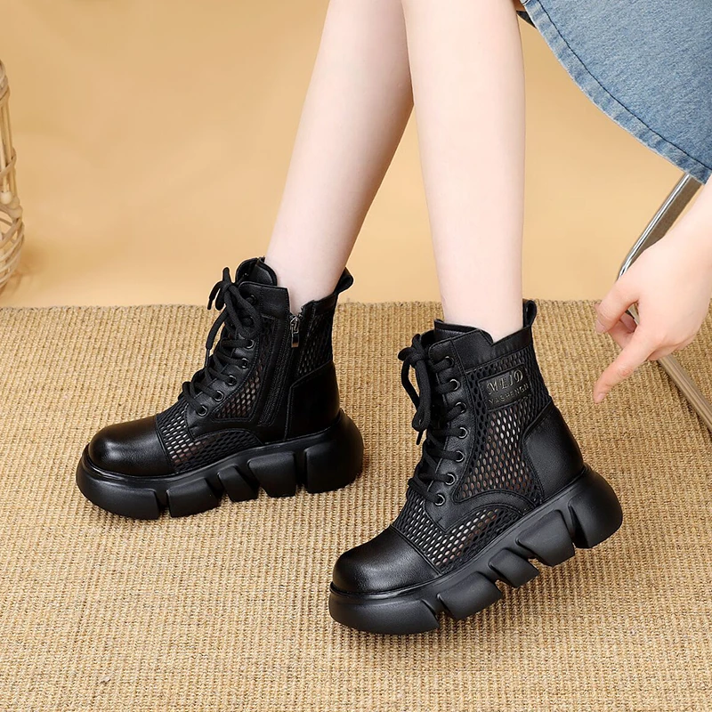 真皮厚底镂空马丁靴女2025新款春夏软底网靴百搭透气平底女士凉靴