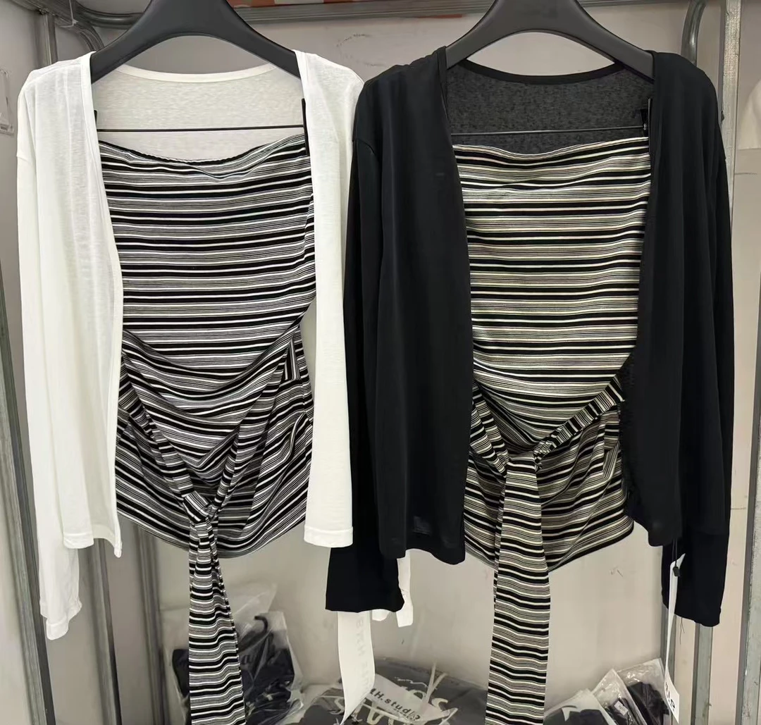 设计款绑带条纹抹胸+防晒空调开衫夏季ins新品长袖单排扣外披套装